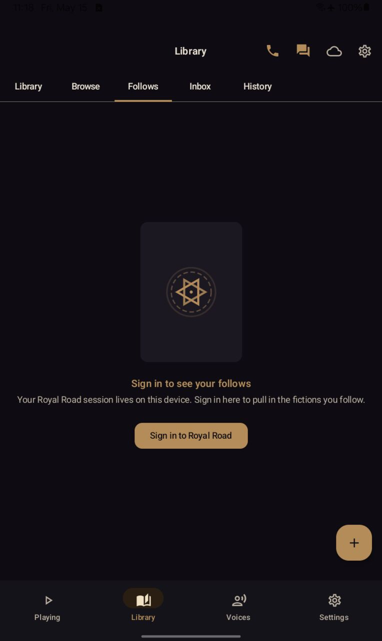 Follows tab — Royal Road sign-in empty state in light, populated list in dark.